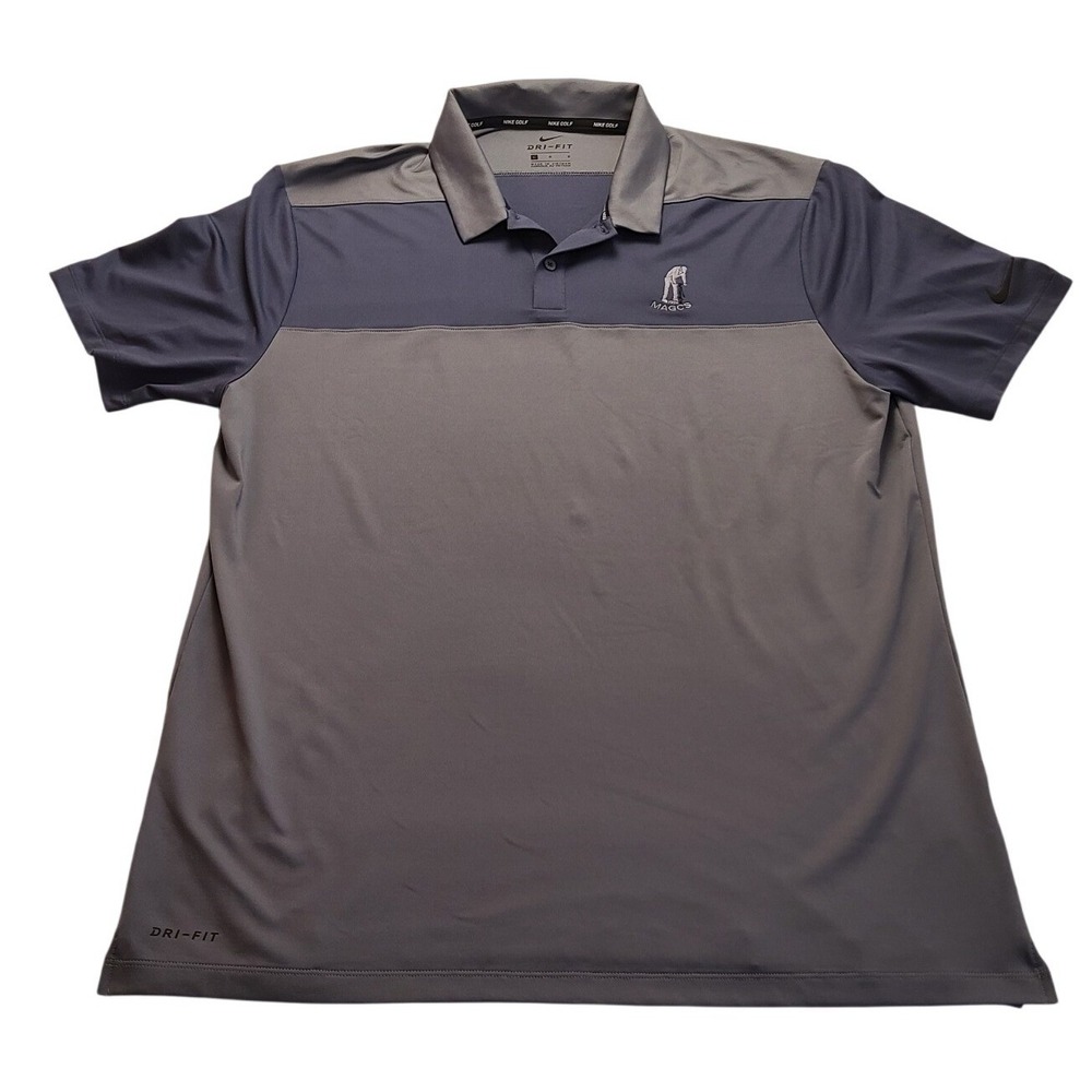 Nike Golf Dri-FIT Polo Shirt Men's Large Gray Navy Blue MAGCS Logo Short‎ Sleeve